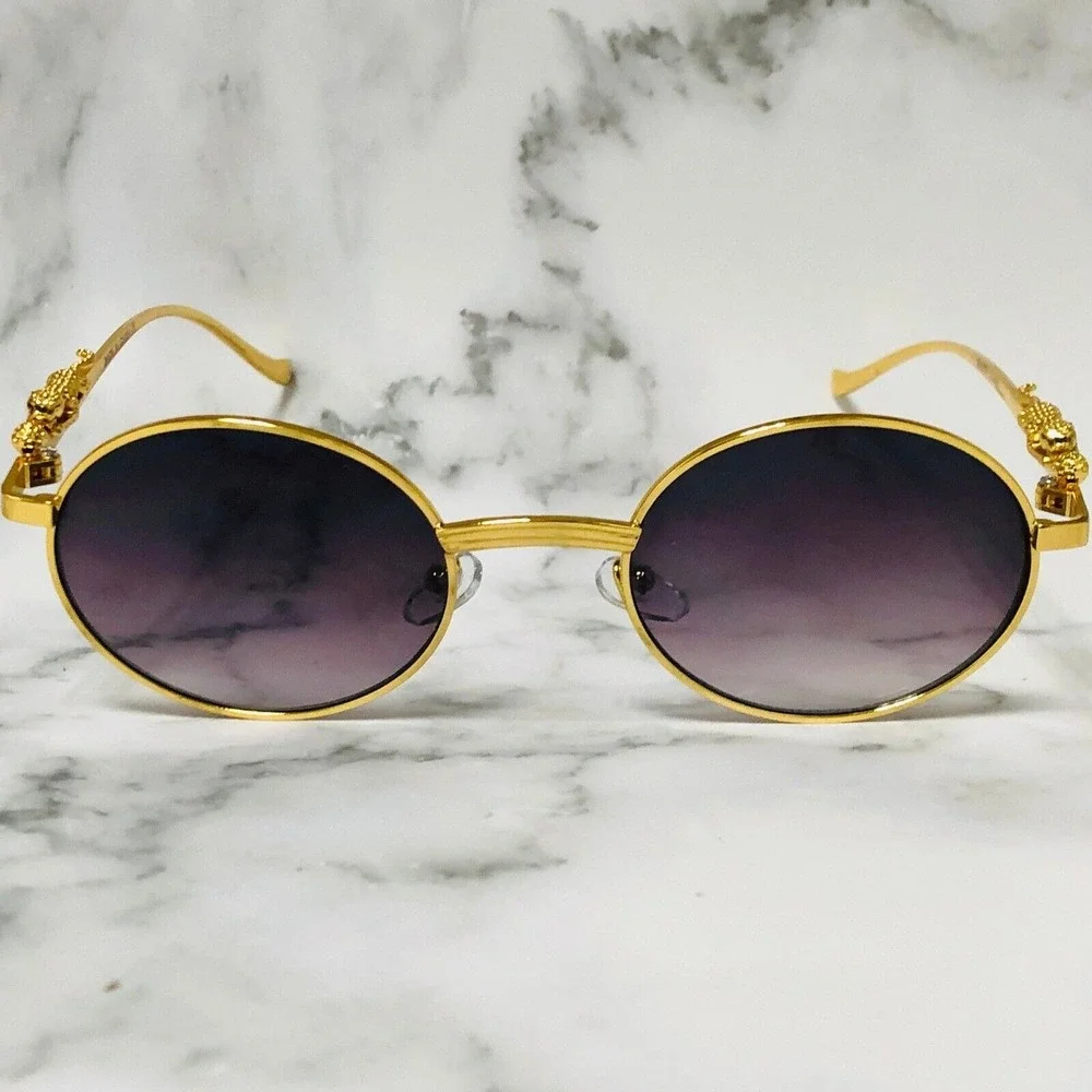 Oval Sunglasses Gold Frame Dragon Accents Fashion Shades Men Street Wear Hip Hop